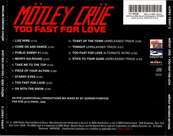 Mötley Crüe : Too Fast For Love (HDCD, Album, Club, RE, BMG)