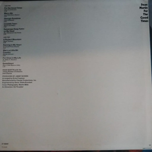 Dean Martin : For The Good Times (LP, Album, Club)