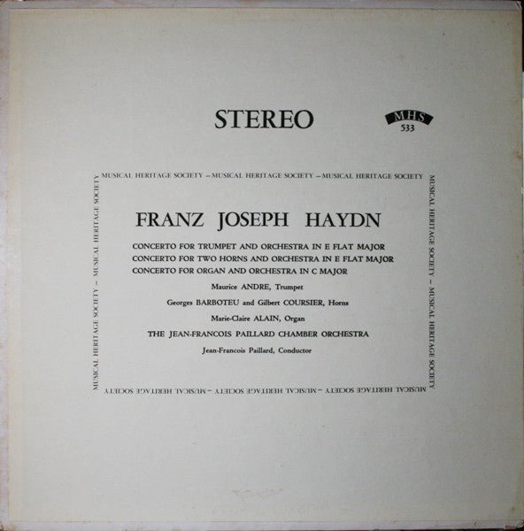 Joseph Haydn, Maurice André, Georges Barboteu, Gilbert Coursier, Marie-Claire Alain, Orchestre De Chambre Jean-François Paillard, Jean-François Paillard : Concerto For Trumpet And Orchestra In E Flat Major / Concerto For Two Horns And Orchestra In E Flat Major / Concerto For Organ And Orchestra In C Major (LP, Album)