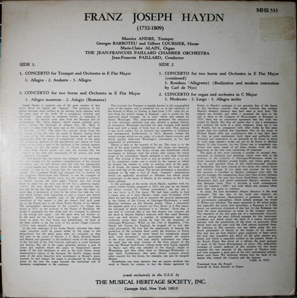 Joseph Haydn, Maurice André, Georges Barboteu, Gilbert Coursier, Marie-Claire Alain, Orchestre De Chambre Jean-François Paillard, Jean-François Paillard : Concerto For Trumpet And Orchestra In E Flat Major / Concerto For Two Horns And Orchestra In E Flat Major / Concerto For Organ And Orchestra In C Major (LP, Album)