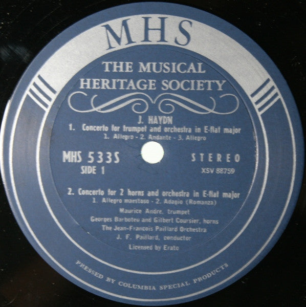 Joseph Haydn, Maurice André, Georges Barboteu, Gilbert Coursier, Marie-Claire Alain, Orchestre De Chambre Jean-François Paillard, Jean-François Paillard : Concerto For Trumpet And Orchestra In E Flat Major / Concerto For Two Horns And Orchestra In E Flat Major / Concerto For Organ And Orchestra In C Major (LP, Album)