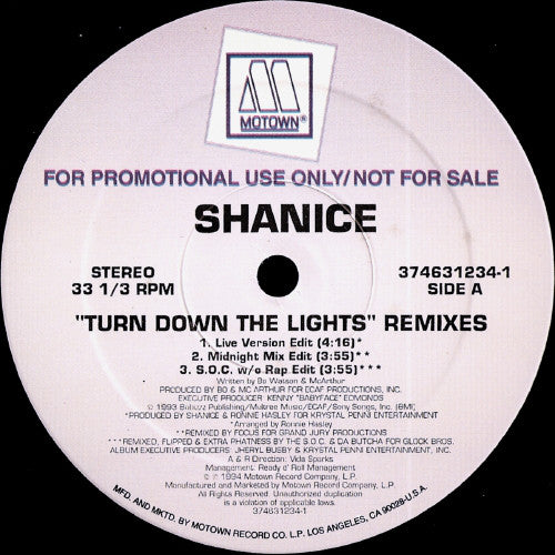 Shanice : Turn Down The Lights (Remixes) (12", Promo)
