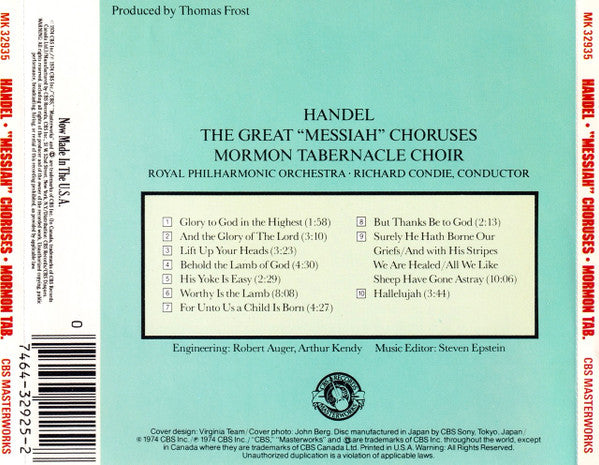 Georg Friedrich Händel, Mormon Tabernacle Choir : The Great "Messiah" Choruses (CD, Album, RE)