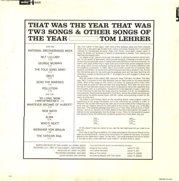 Tom Lehrer : That Was The Year That Was (LP, Album, Mono)