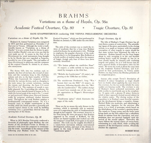 Hans Knappertsbusch : Brahms - Variations on a theme of Haydn Op 56A Academic Festival Overture, Tragic Overture (LP, Album, RE, RP)