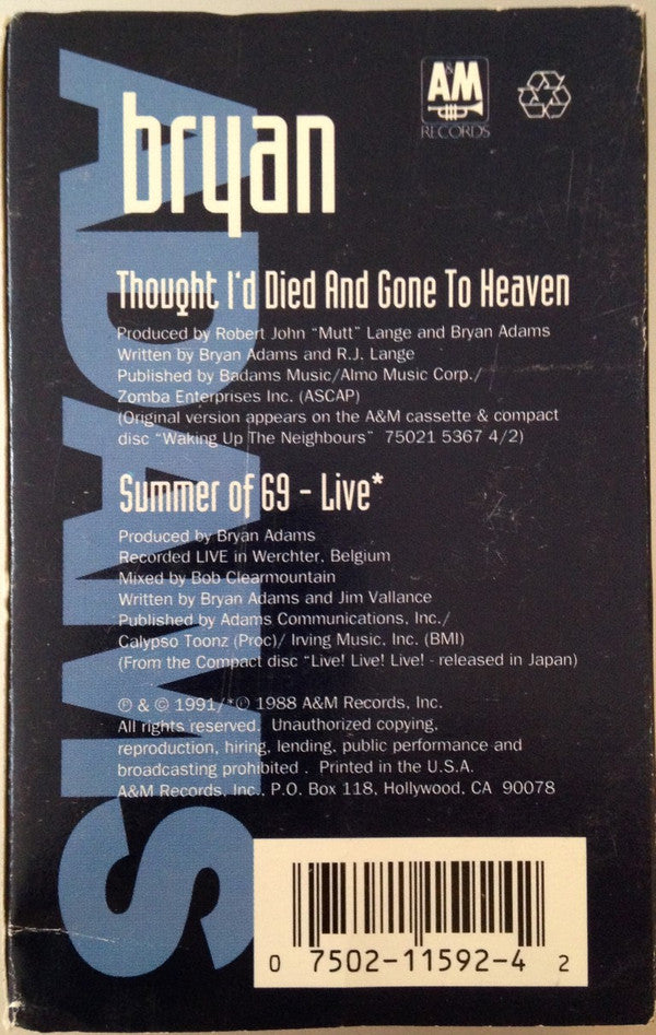 Bryan Adams : Thought I'd Died And Gone To Heaven (Cass, Single)