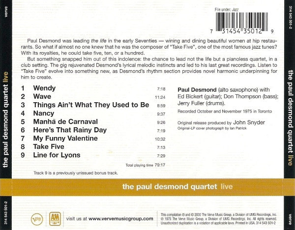 The Paul Desmond Quartet : Live (CD, Album, RE)