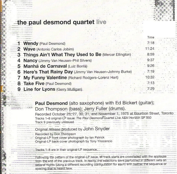 The Paul Desmond Quartet : Live (CD, Album, RE)