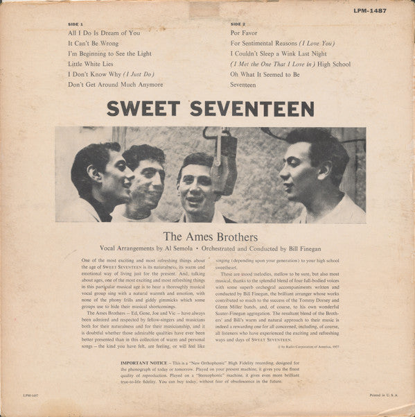 The Ames Brothers With Bill Finegan And His Orchestra : Sweet Seventeen (LP, Album, Mono, Ind)