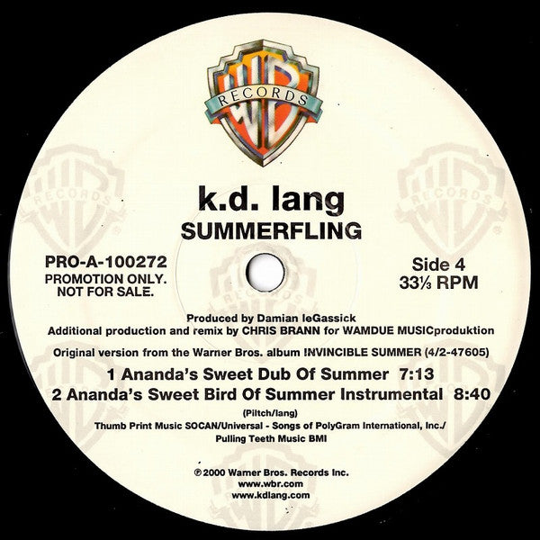 k.d. lang : Summerfling (2x12", Promo)