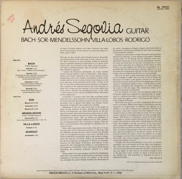 Andrés Segovia, Johann Sebastian Bach : Chaconne And Other Works By Bach, Sor, Mendelssohn, Villa-Lobos, Rodrigo (LP, Album, RE)