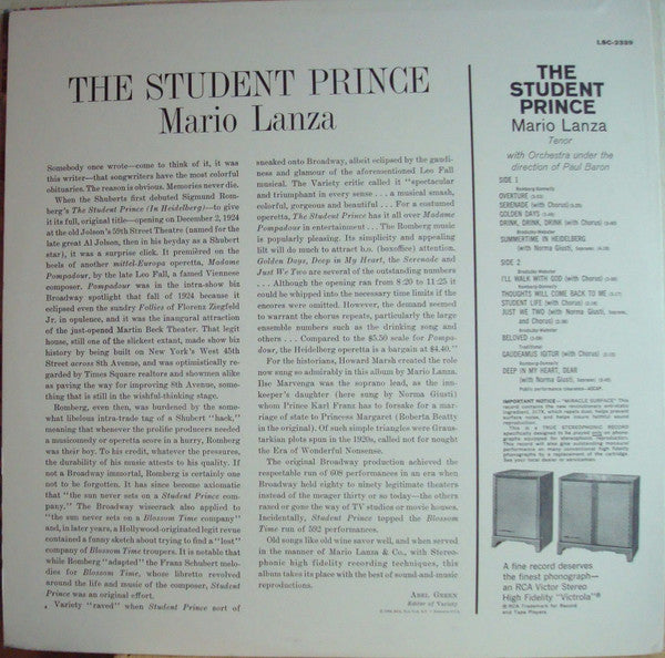 Sigmund Romberg / Featuring Mario Lanza : The Student Prince (LP, Album, RE)