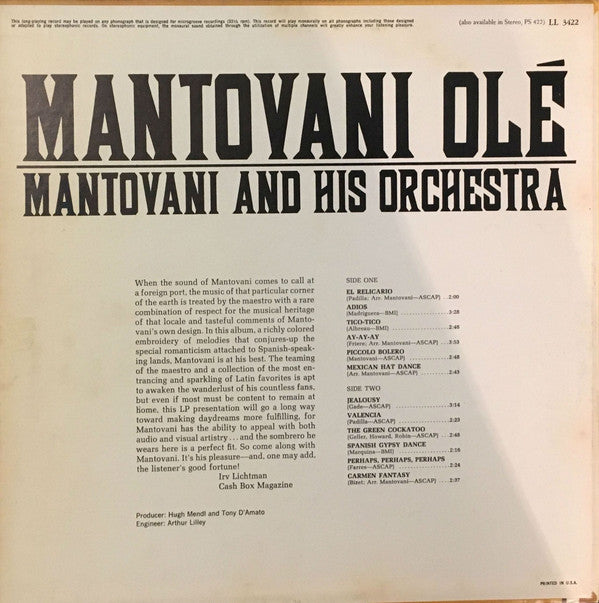Mantovani And His Orchestra : Mantovani Olé (LP, Album, Mono)