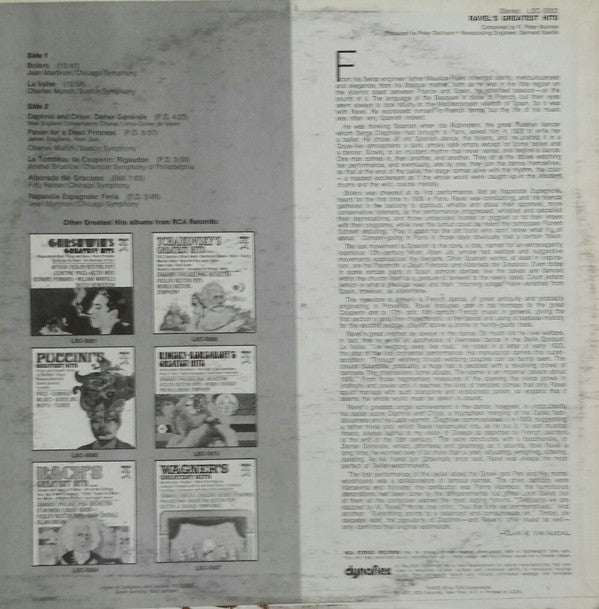Maurice Ravel, Charles Munch, Fritz Reiner, Jean Martinon, Boston Symphony Orchestra, Chicago Symphony Orchestra : Ravel's Greatest Hits (LP, Album, Comp)