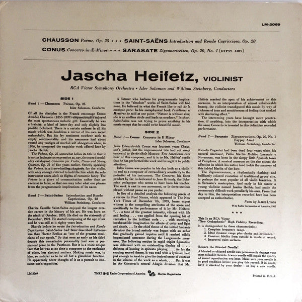 Jascha Heifetz, Ernest Chausson, Camille Saint-Saëns, Julius Conus, Pablo de Sarasate, RCA Victor Symphony Orchestra, William Steinberg, Izler Solomon : Poeme · Zigeunerweisen · Introduction And Rondo Capriccioso · Concerto In E Minor (LP, Mono, RP)