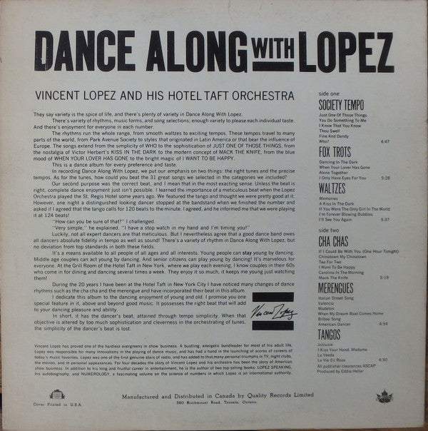 Vincent Lopez And His Orchestra : Dance Along With Lopez (LP, Album, Mono)