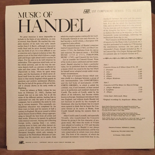Clelia Gatti Aldrovandi, Orchestra Da Camera Dell'Angelicum Conducted By Carlo Felice Cillario, Luciano Rosada : Music Of Handel (LP)