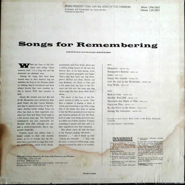 The Sons Of The Pioneers : Down Memory Trail With The Sons Of The Pioneers (LP, Album, Mono)
