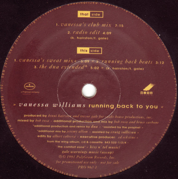 Vanessa Williams : Running Back To You (12", Ltd, Promo, Spe)