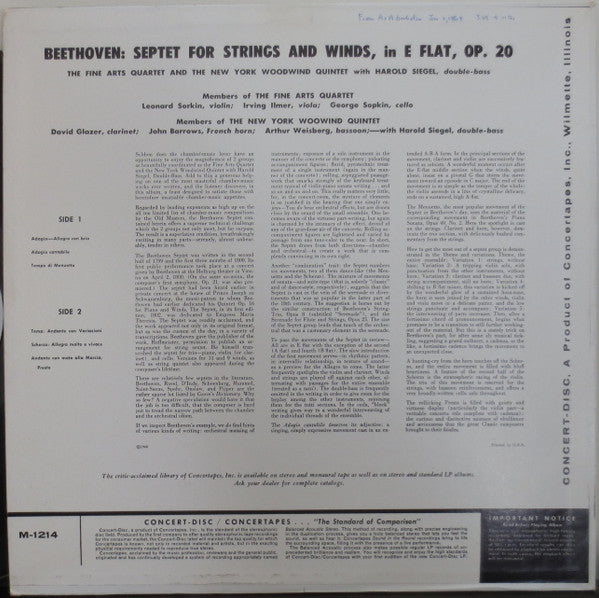 Ludwig van Beethoven, The Fine Arts Quartet, New York Woodwind Quintet, Harold Siegel : Septet For Strings And Winds In E Flat. Opus 20 (LP, Mono)