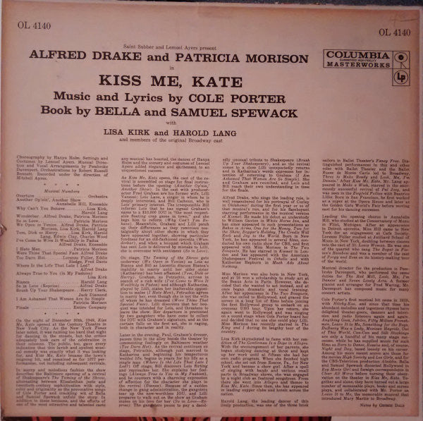 Cole Porter, Saint Subber And Lemuel Ayers Present Alfred Drake And Patricia Morison : Kiss Me, Kate (LP, Album, Mono, RE)