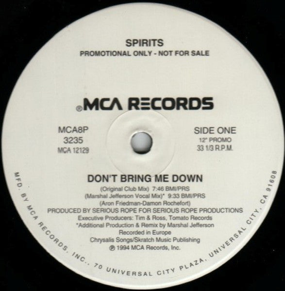 Spirits : Don't Bring Me Down (12", Single, Promo)