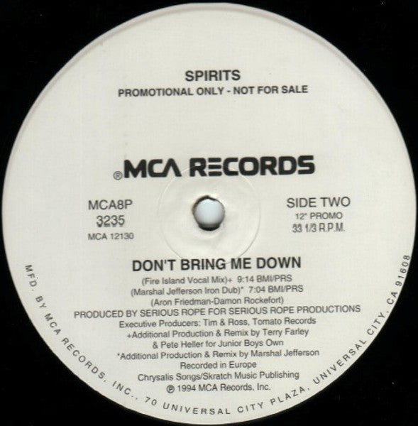 Spirits : Don't Bring Me Down (12", Single, Promo)
