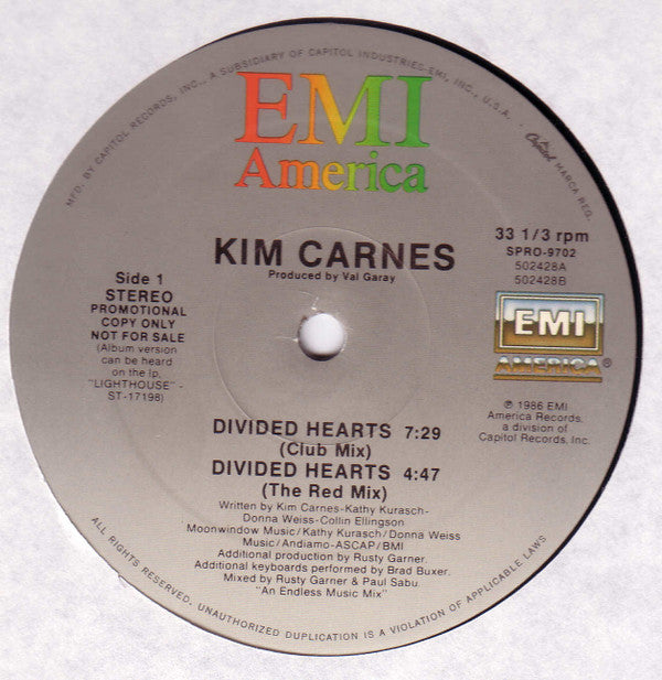 Kim Carnes : Divided Hearts (12", Promo)