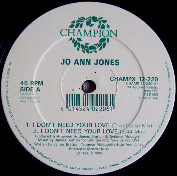 Jo Ann Jones : I Don't Need Your Love (12")