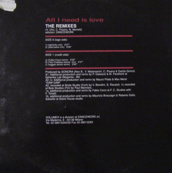 Indiana (2) : All I Need Is Love (Remixes) (12")