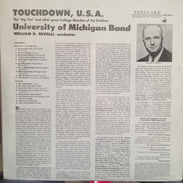 University Of Michigan Band : Touchdown, U.S.A. (The "Big Ten" And Other Great College Marches Of The Gridiron) (LP, Album)