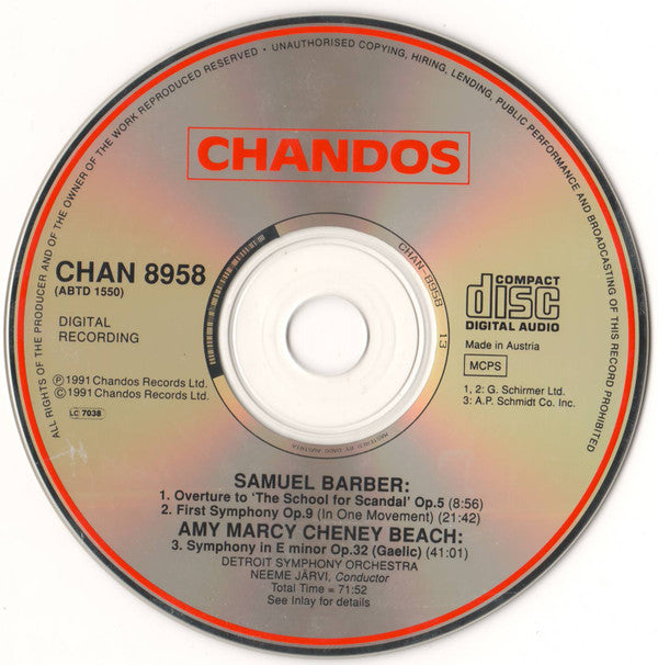 Samuel Barber / Amy Marcy Cheney Beach - Detroit Symphony Orchestra, Neeme Järvi : Symphony No. 1 / The School For Scandal: Overture / Symphony In E Minor (Gaelic) (CD, Album)