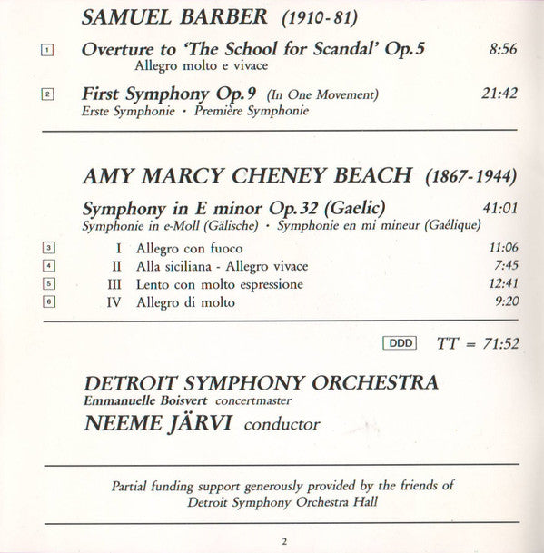 Samuel Barber / Amy Marcy Cheney Beach - Detroit Symphony Orchestra, Neeme Järvi : Symphony No. 1 / The School For Scandal: Overture / Symphony In E Minor (Gaelic) (CD, Album)