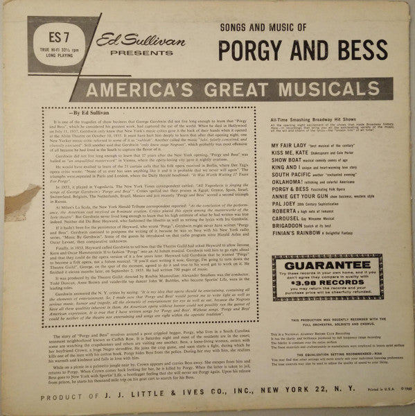 Various : Ed Sullivan Presents Song & Music Of Porgy And Bess (LP)