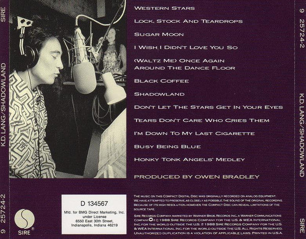 k.d. lang : Shadowland (The Owen Bradley Sessions) (CD, Album, Club)