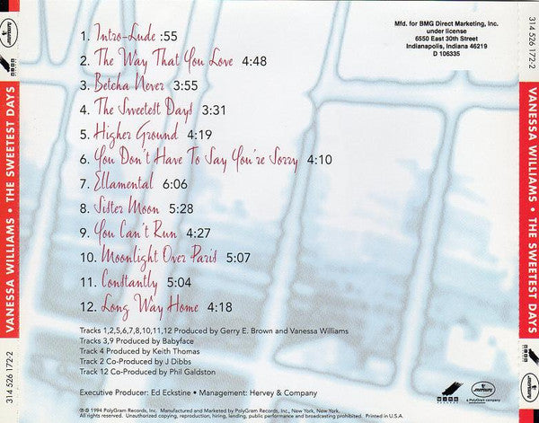 Vanessa Williams : The Sweetest Days (CD, Album, Club)