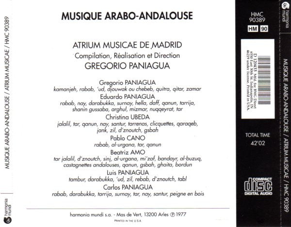 Atrium Musicae De Madrid Dir. Gregorio Paniagua : Musique Arabo-Andalouse (CD, Album, Club, RE)