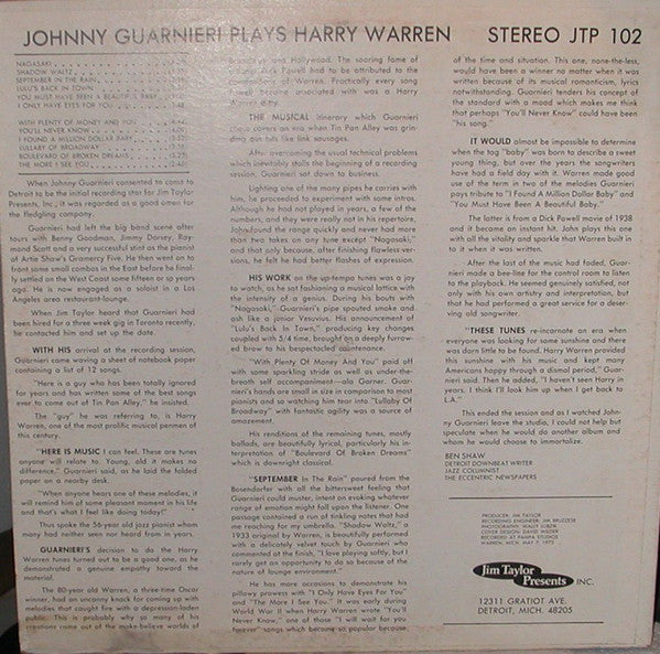 Johnny Guarnieri : Johnny Guarnieri Playing Harry Warren (LP)