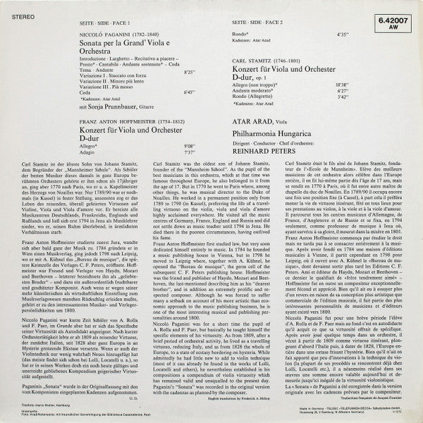 Niccolò Paganini ∙ Carl Stamitz ∙ Franz Anton Hoffmeister, Atar Arad ∙ Philharmonia Hungarica ∙ Reinhard Peters : Viola Concertos (LP, Gat)
