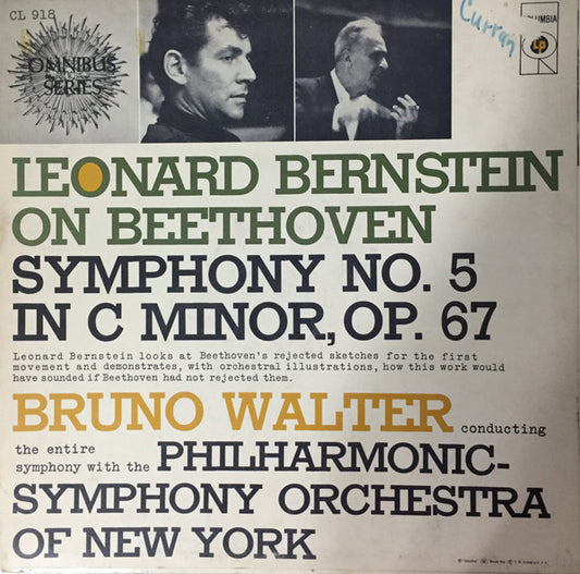 Leonard Bernstein, Ludwig van Beethoven, The Philharmonic Symphony Orchestra of New York, Bruno Walter : Leonard Bernstein On Beethoven Symphony No. 5 In C Minor, Op. 67 (LP, Gat)
