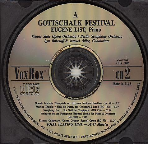 Louis Moreau Gottschalk, Eugene List, Orchester Der Wiener Staatsoper, Berliner Symphoniker, Igor Buketoff, Samuel Adler : A Gottschalk Festival (2xCD, Box)