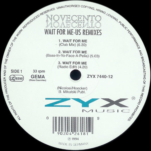 Novecento : Wait For Me (US Remixes) (12")