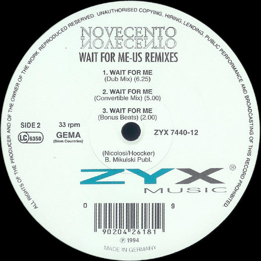 Novecento : Wait For Me (US Remixes) (12")