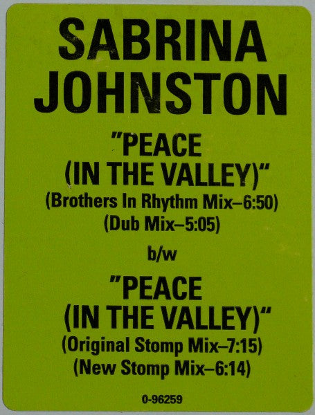 Sabrina Johnston : Peace (In The Valley) (12", Promo)