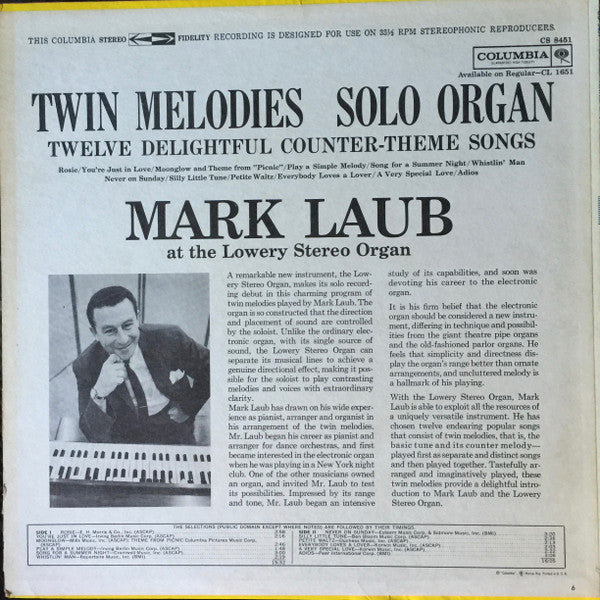 Mark Laub : Twin Melodies - Solo Organ (LP)