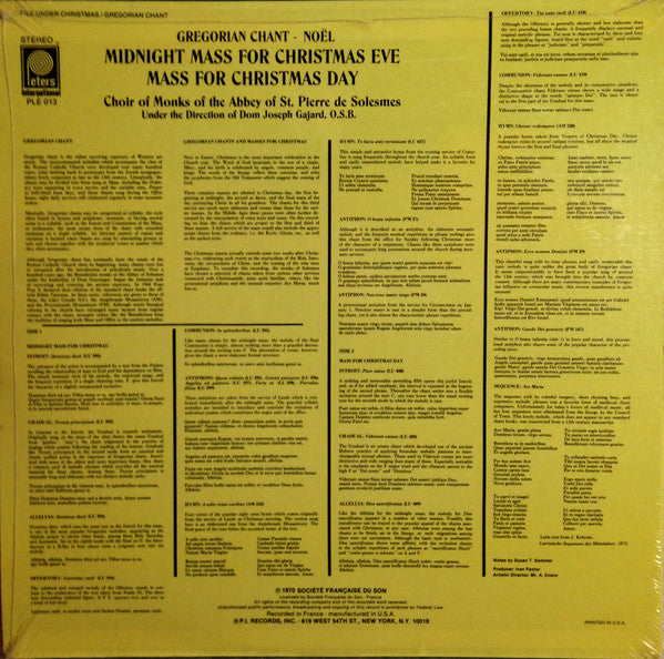 Chœur Des Moines De L'Abbaye Saint-Pierre De Solesmes, Dom Joseph Gajard : Gregorian Chant Noël: Midnight Mass For Christmas Eve - Mass For Christmas Day (LP, Album)