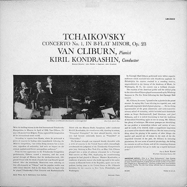 Pyotr Ilyich Tchaikovsky, Van Cliburn, Kiril Kondrashin : Concerto No. 1 (LP, Album, Mono, RP, Ind)