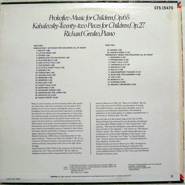 Sergei Prokofiev / Dmitry Kabalevsky, Richard Gresko : Music For Children, Op.65 / Twenty-Two Pieces For Children, Op.27 (LP, Album, RE)