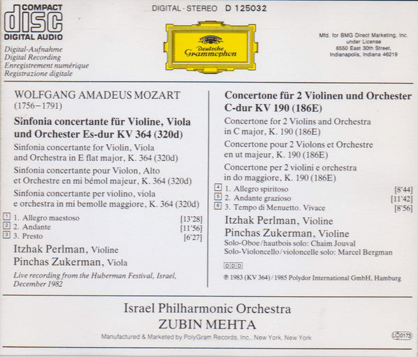 Wolfgang Amadeus Mozart / Itzhak Perlman, Pinchas Zukerman, Israel Philharmonic Orchestra, Zubin Mehta : Sinfonia Concertante K. 364 - Concertone K. 190 (CD, Album, Club, RE)