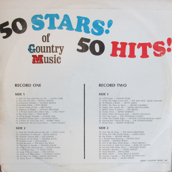 Various : 50 Stars!, 50 Hits! Of Country Music (2xLP, Comp, Mono)